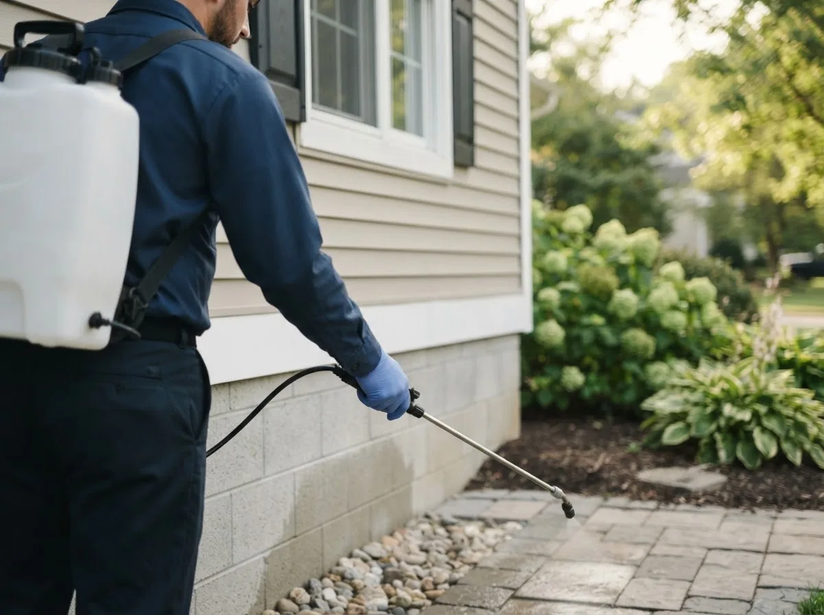 Pest control technician inspecting a home in Westdale, NY